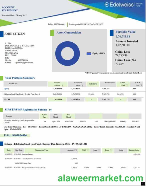 India Edelweiss bank statement Word and PDF template, 3 pages